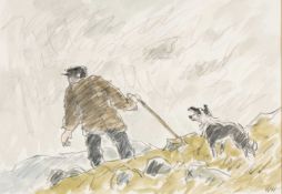‡ SIR KYFFIN WILLIAMS RA (1918-2006) pencil and watercolour - mountain landscape with farmer and