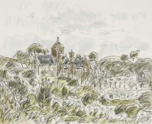 ‡ SIR KYFFIN WILLIAMS RA (1918-2006) watercolour and pencil - Anglesey landscape with Penmon Priory,