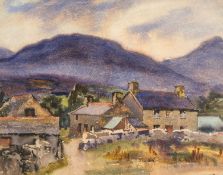 ‡ WILL EVANS (1888-1957) watercolour - farmstead with vast mountain range behind, 42.5 x 53.5cms