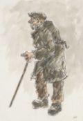 ‡ SIR KYFFIN WILLIAMS RA (1918-2006) pencil and watercolour - standing profile of farmer in cap with
