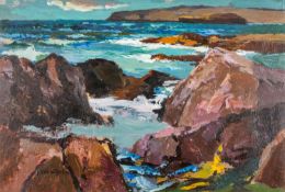 ‡ DONALD MCINTYRE (1923-2009) acrylic - entitled verso, 'Rocky Coast, Iona, No. 1', fully signed, 53
