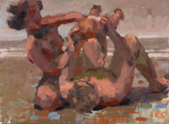 ‡ KEVIN SINNOTT (b.1947) oil on board - entitled verso, 'Beach Family' on Martin Tinney Gallery