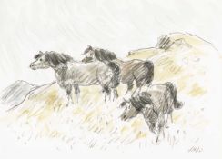 ‡ SIR KYFFIN WILLIAMS RA (1918-2006) watercolour & pencil - three ponies on a hillside, signed