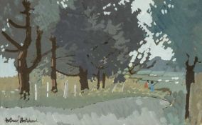 ‡ ARTHUR PRITCHARD (1927-1993) oil on paper - entitled verso, 'Pine Trees, Porth Tocyn', signed,