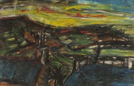 PETER PRENDERGAST (1946-2007) mixed media on paper - entitled verso 'Sunset over Rachub', dated