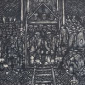 ‡ NICHOLAS EVANS (1907-2004) large oil on board - group of miners standing around a hoist, signed