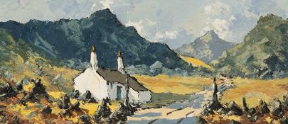 ‡ CHARLES WYATT WARREN (1908-1993) oil on board - Eryri landscape with whitewashed cottage,