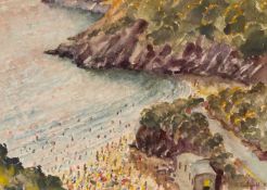 ‡ KEVIN SINNOTT (b.1947) watercolour - crowded beach viewed from above, signed and dated '83, 25 x