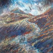 ‡ ANTHONY EVANS (b. 1948) acrylic on canvas - entitled verso, 'Ar Lwybr Chwarel', signed, signed and