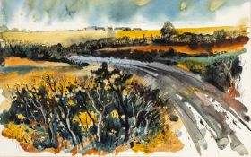 ‡ JOHN CLEAL (1929-2007) mixed media on paper - landscape with winding road and fields, signed, 34 x