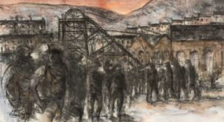 ‡ VALERIE GANZ (1936-2015) mixed media - colliery with miners grouped in front of a large pit-head