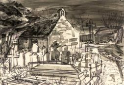 ‡ KAREL LEK (1929-2020) pen and ink wash - chapel with graveyard, signed, 34 x 49cms Provenance: