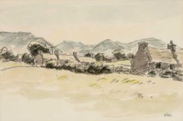 ‡ SIR KYFFIN WILLIAMS RA (1918-2006) watercolour and pencil - landscape with cottages and