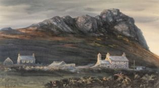 ‡ JOHN ROGERS (b. 1937) watercolour - landscape with farm and cottages below crag, signed and
