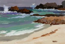 ‡ DONALD MCINTYRE (1923-2009) acrylic - entitled verso, 'Rocks and Sea, Iona', signed with initials,