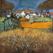 ‡ JOHN ELWYN (1916-1997) oil on board - 'Farm Approaches', studio stamp verso, circa 1980's, 122 x