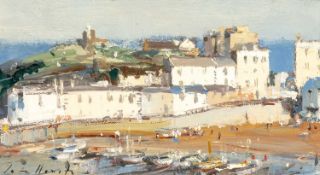 ‡ IAN HOUSTON (1934-2021) oil on board - entitled verso, 'Sunlit Houses, Tenby', signed, 12 x