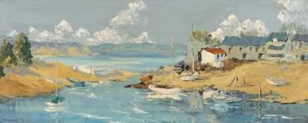 ‡ CHARLES WYATT WARREN (1908-1993) oil on board - entitled 'View of Abersoch, North Wales',