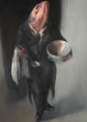 ‡ JOHN MACFARLANE (b.1948) large oil on paper - entitled verso, 'Fish Waiter with Soup Tureen' on