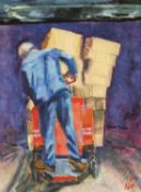 ‡ LEWIS ALLAN (b.1925) oil and wax on canvas - entitled verso, 'Tilting Load', signed and dated '87,