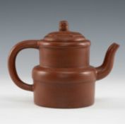 CHINESE YIXING POTTERY TEAPOT & COVER, stepped form, cover modelled as a mallow flower, 13cms (h)