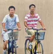 ATTRIBUTED TO XIAO BI LI (20th C) oil on canvas - Cycling in Shanghai, signed lower right red