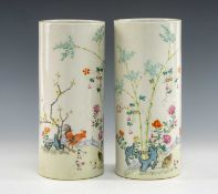 PAIR CHINESE FAMILLE ROSE 'CHICKEN' SLEEVE VASES, Republic, decorated with cockerel, hen and