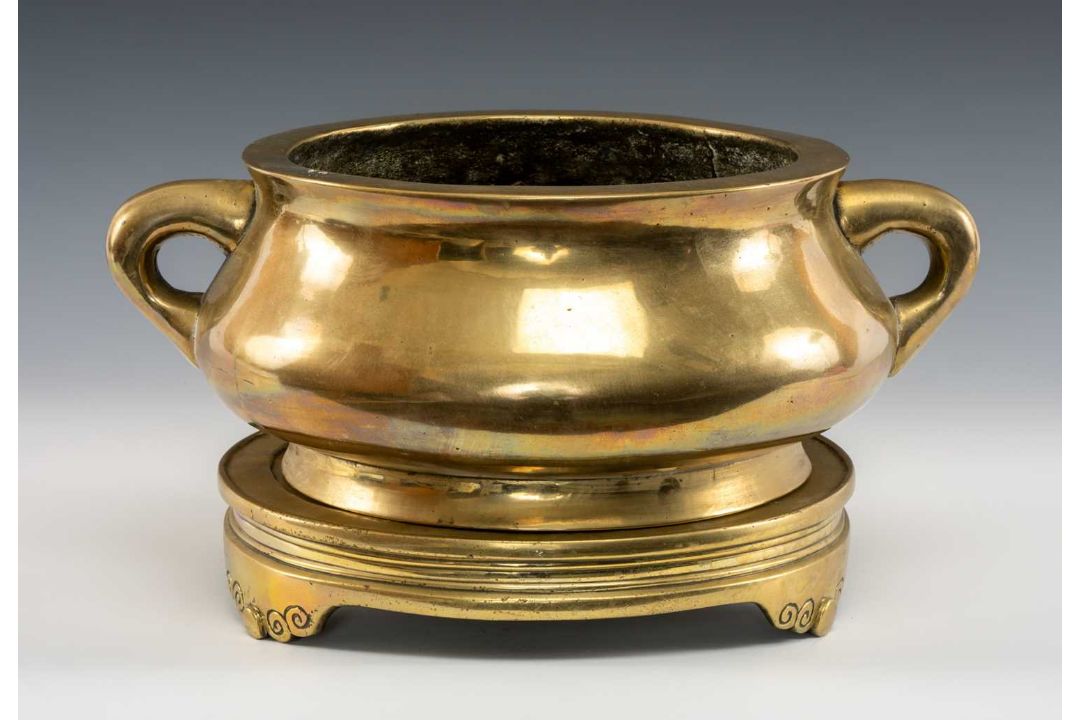 LARGE CHINESE BRONZE CENSER ON STAND, Qing Dynasty, bombé form with twin loop handles, on tripod - Image 1 of 13