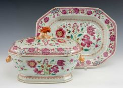CHINESE FAMILLE ROSE PORCELAIN 'FLORAL' TUREEN, COVER & STAND, Qianlong, boldly painted with