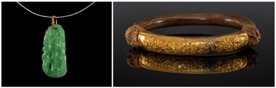 CHINESE JADEITE PENDANT & RATTAN BANGLE, pendant carved as a bamboo stem, apple green tone, yellow