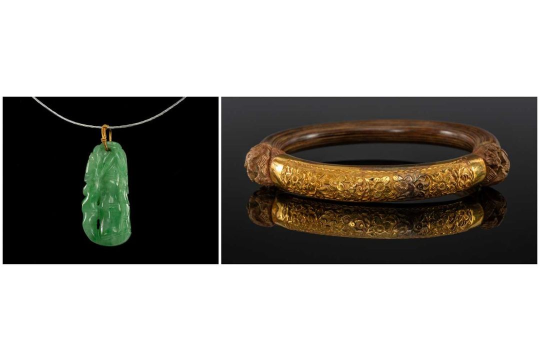 CHINESE JADEITE PENDANT & RATTAN BANGLE, pendant carved as a bamboo stem, apple green tone, yellow - Image 1 of 19