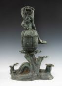 LARGE JAPANESE BRONZE FIGURAL KORO, Meiji Period, the cover modelled as a Daikoku wearing karashishi
