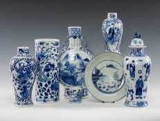 ASSORTED CHINESE BLUE & WHITE PORCELAIN, including moon flask, baluster vases, landscape dish,