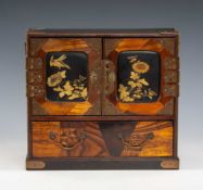 SMALL JAPANESE PARQUETRY & LACQUER TABLE CABINET, pair of fielded doors decorated with chrysanthemum