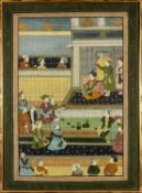 LARGE INDO-PERSIAN MINIATURE-STYLE PAINTING, depicting a court scene in a palace, with courtiers