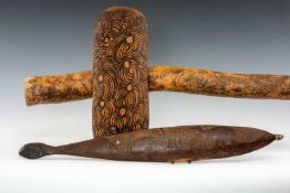 ABORIGINAL ITEMS, Australia, comprising coolamon, didgeridoo and woomera (3) Provenance: private