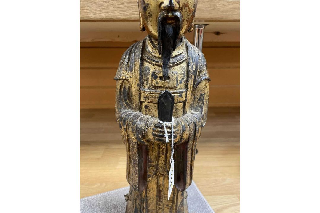 MING DYNASTY GILT LACQUERED BRONZE FIGURE OF AN OFFICIAL, late 17th C, standing in flowing robes - Image 2 of 9