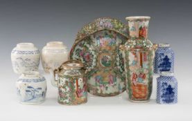 ASSORTED CHINESE CANTON FAMILLE ROSE PORCELAIN, including teapot, vase, shell-shaped dessert dish,