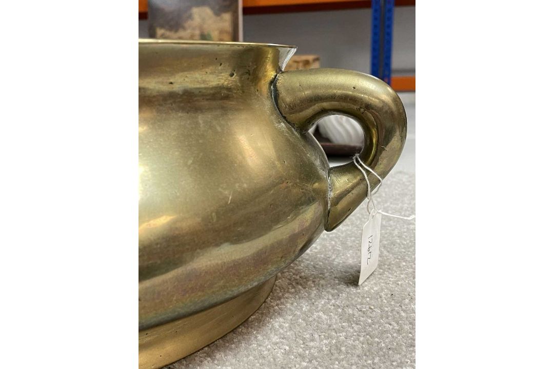 LARGE CHINESE BRONZE CENSER ON STAND, Qing Dynasty, bombé form with twin loop handles, on tripod - Image 7 of 13