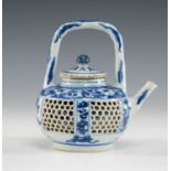 CHINESE BLUE & WHITE DOUBLE-WALLED WINE POT & A COVER, Kangxi, high over handle, painted with