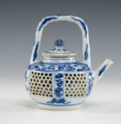 CHINESE BLUE & WHITE DOUBLE-WALLED WINE POT & A COVER, Kangxi, high over handle, painted with