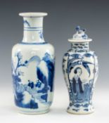 TWO CHINESE BLUE & WHITE PORCELAIN VASES, comprising small shouldered scholars and landscape vase,