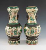 PAIR GOOD CHINESE CRACKLE GLAZED FAMILLE VERTE PORCELAIN VASES, well decorated with scholars and