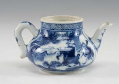 CHINESE BLUE & WHITE MINIATURE TEAPOT, Kangxi, painted with two panels depicting ladies in a