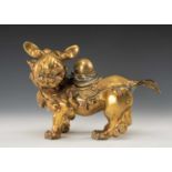 CHINESE GILT COPPER BUDDHISTIC LION CENSER, 20thC., with back cover supporting ball, 24cms