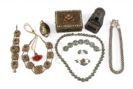 ASSORTED ASIAN JEWELLERY & COLLECTABLES, including Tibetan gilt metal, turquoise, and glass inlaid