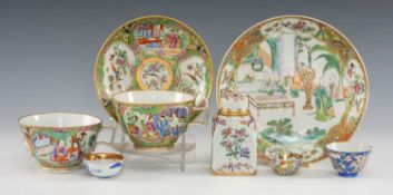 ASSORTED MOSTLY CANTONESE PORCELAIN, comprising two breakfast cups and a saucer, saucer dish