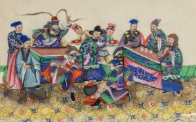 CHINESE PITH PAINTING, 19th C., depicting a court scene with seated dignitaries and attendants