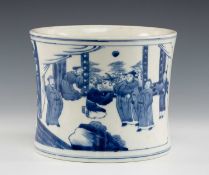 CHINESE BLUE & WHITE PORCELAIN BRUSH POT, BITONG, slightly waisted cylindrical form, painted in