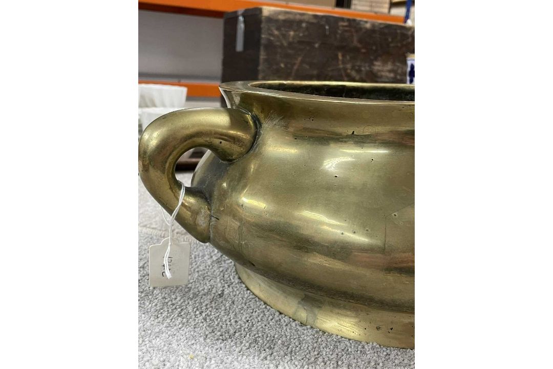 LARGE CHINESE BRONZE CENSER ON STAND, Qing Dynasty, bombé form with twin loop handles, on tripod - Image 13 of 13
